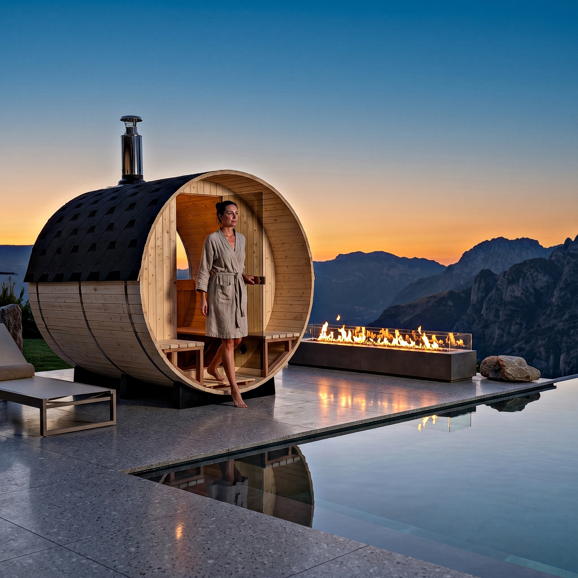 KI-Ambientebild einer Fasssauna am Pool